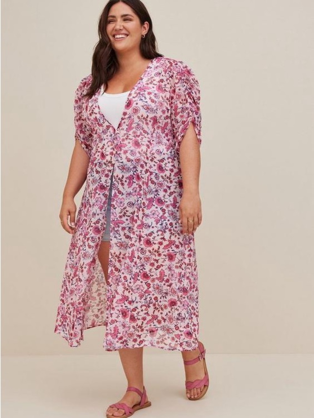 Torrid Chiffon Ruched Sleeve Kimono Floral Pink Cottagecore Sheer Puff Sleeve 3X